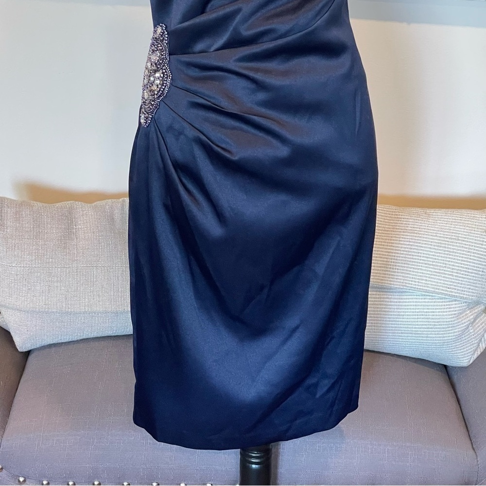 Eliza J Satin One Shoulder Cocktail Formal Dress Navy Blue Sz 6 Embellish Beads - Picture 3 of 10